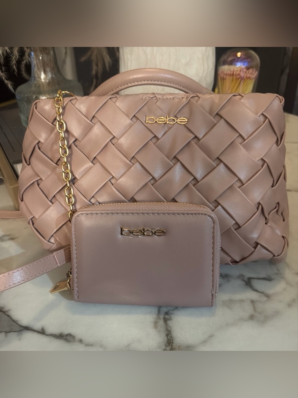 bebe Blush Pink Woven Mini Tote with Matching Zip Wallet